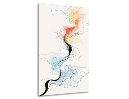 A colorful abstract depiction of smoke-like swirls in shades of red, orange, black, blue, and gray, resembling dancing flames or flowing fabric against a white background.
