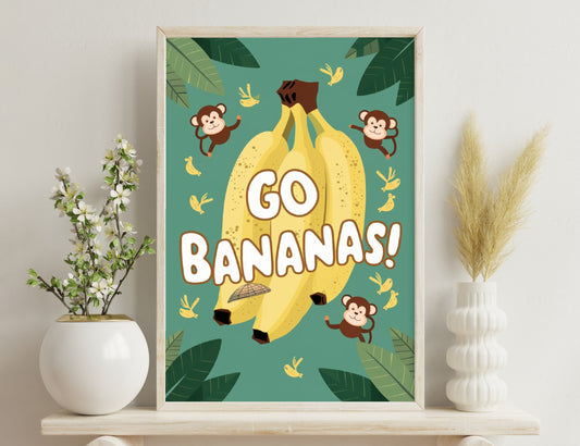 A whimsical illustration featuring a large banana bunch with the text "Go Bananas!" surrounded by playful monkeys, birds, and tropical leaves, creating a fun and vibrant scene.
