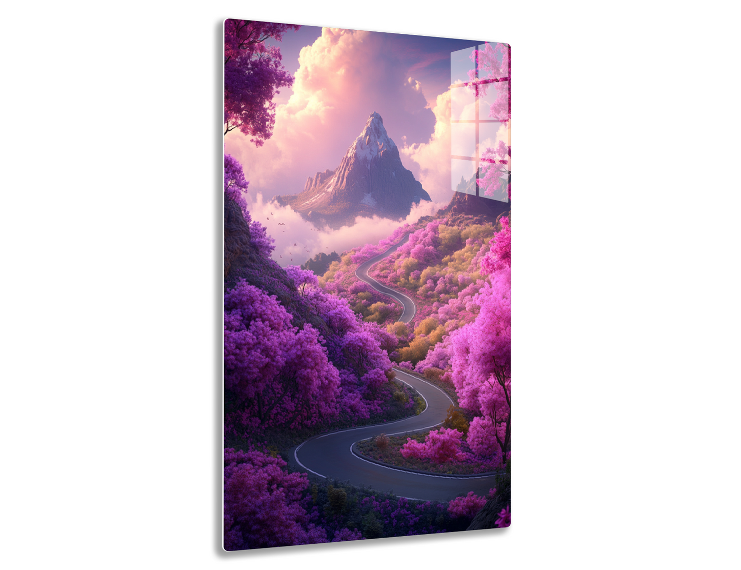 A winding road leads through a surreal landscape of vibrant pink and purple trees and bushes towards a towering mountain peak under a dramatic cloudy sky, creating a dreamlike, fantastical scene.
