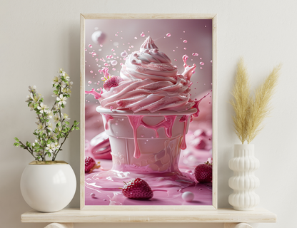 A pink and white swirled ice cream or milkshake topped with whipped cream, strawberries, and sprinkles, splashing and dripping against a pink background.
