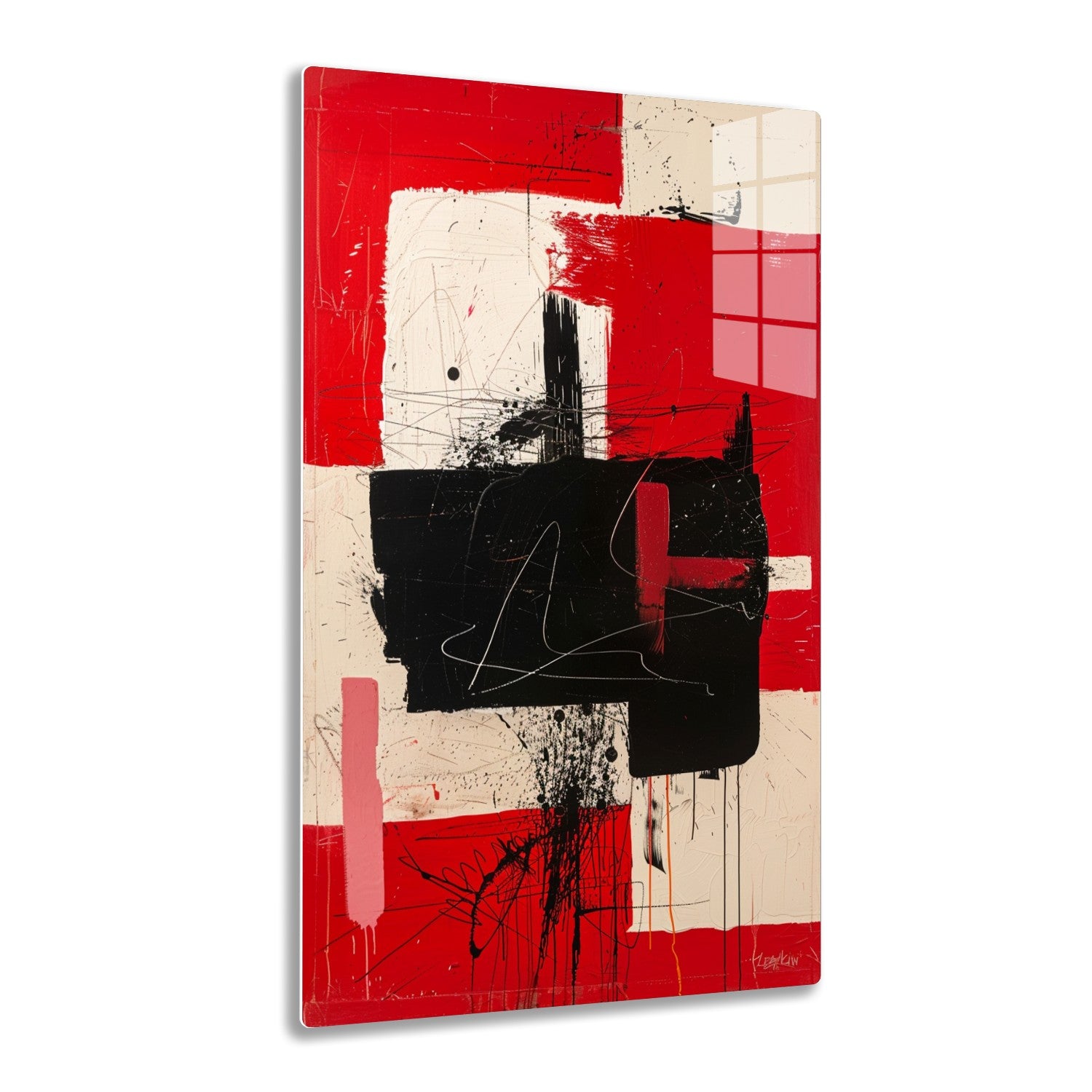 Abstract expressionist painting with bold red, black and white brushstrokes creating dynamic composition of shapes and line work against textured background, suggesting energy and movement.
