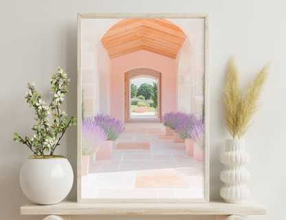 An arched entryway made of peach-colored stone and wood framing, leading to a garden with lavender bushes on either side and a view of landscaped greenery beyond.
