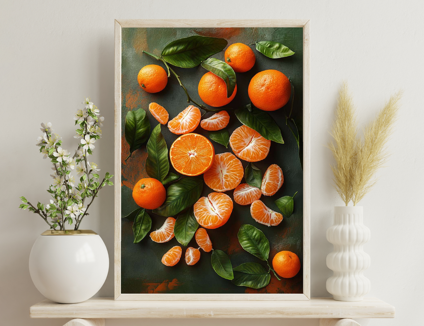 Fresh oranges with green leaves arranged artistically with peeled orange slices on a textured background, showcasing vibrant colors and natural textures.
