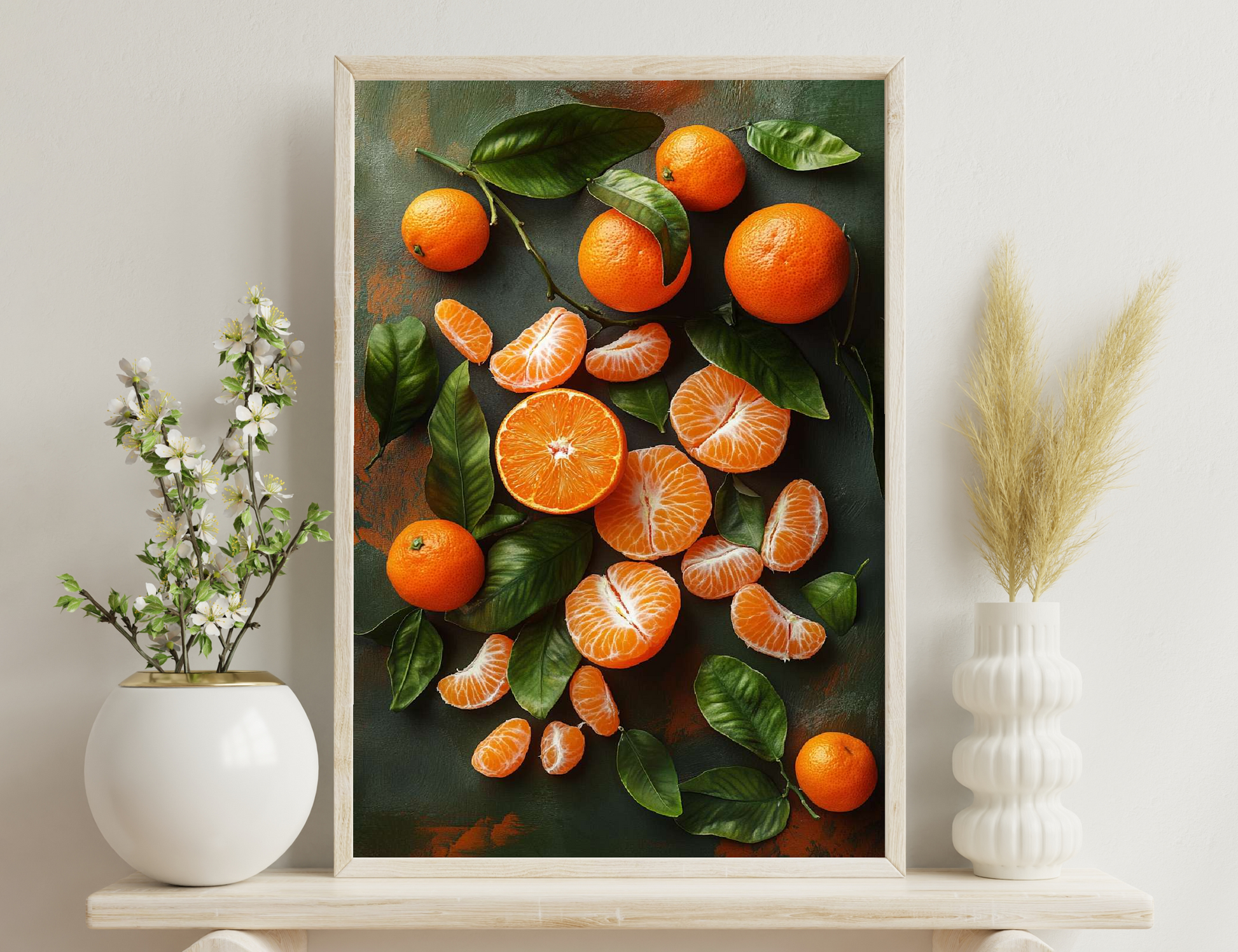 Fresh oranges with green leaves arranged artistically with peeled orange slices on a textured background, showcasing vibrant colors and natural textures.
