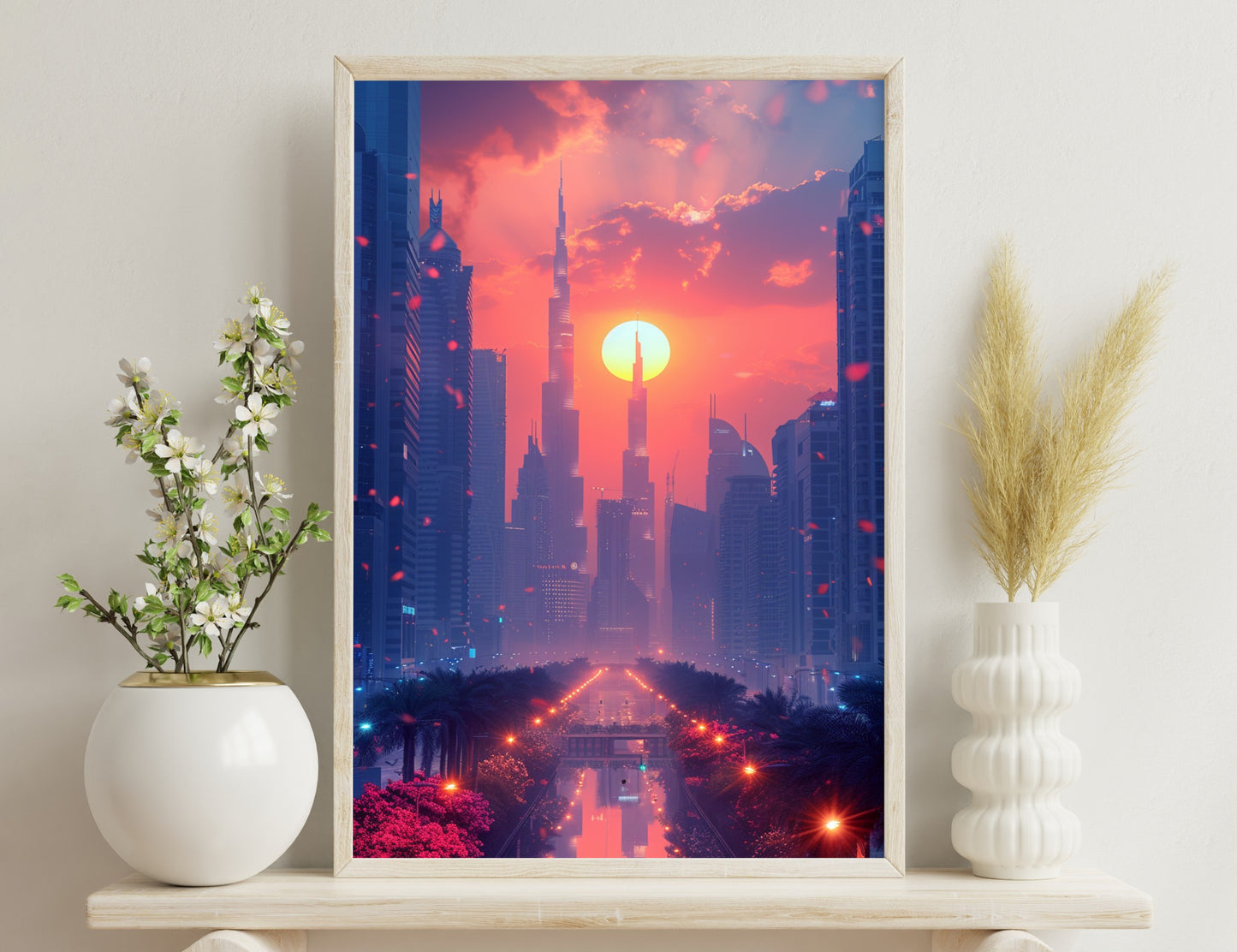 Vivid sunset over Dubai skyline with Burj Khalifa towering amidst skyscrapers, illuminated downtown boulevard with palm trees in foreground, and petals in the air creating a surreal atmosphere.
