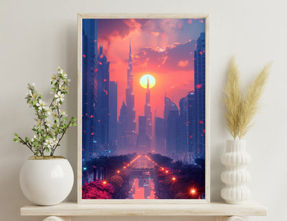 Vivid sunset over Dubai skyline with Burj Khalifa towering amidst skyscrapers, illuminated downtown boulevard with palm trees in foreground, and petals in the air creating a surreal atmosphere.
