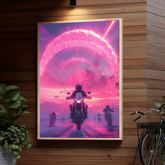 A vibrant sunset sky filled with hot air balloons, with motorcyclists riding beneath a massive pink parachute-like structure, creating a surreal and breathtaking scene.

