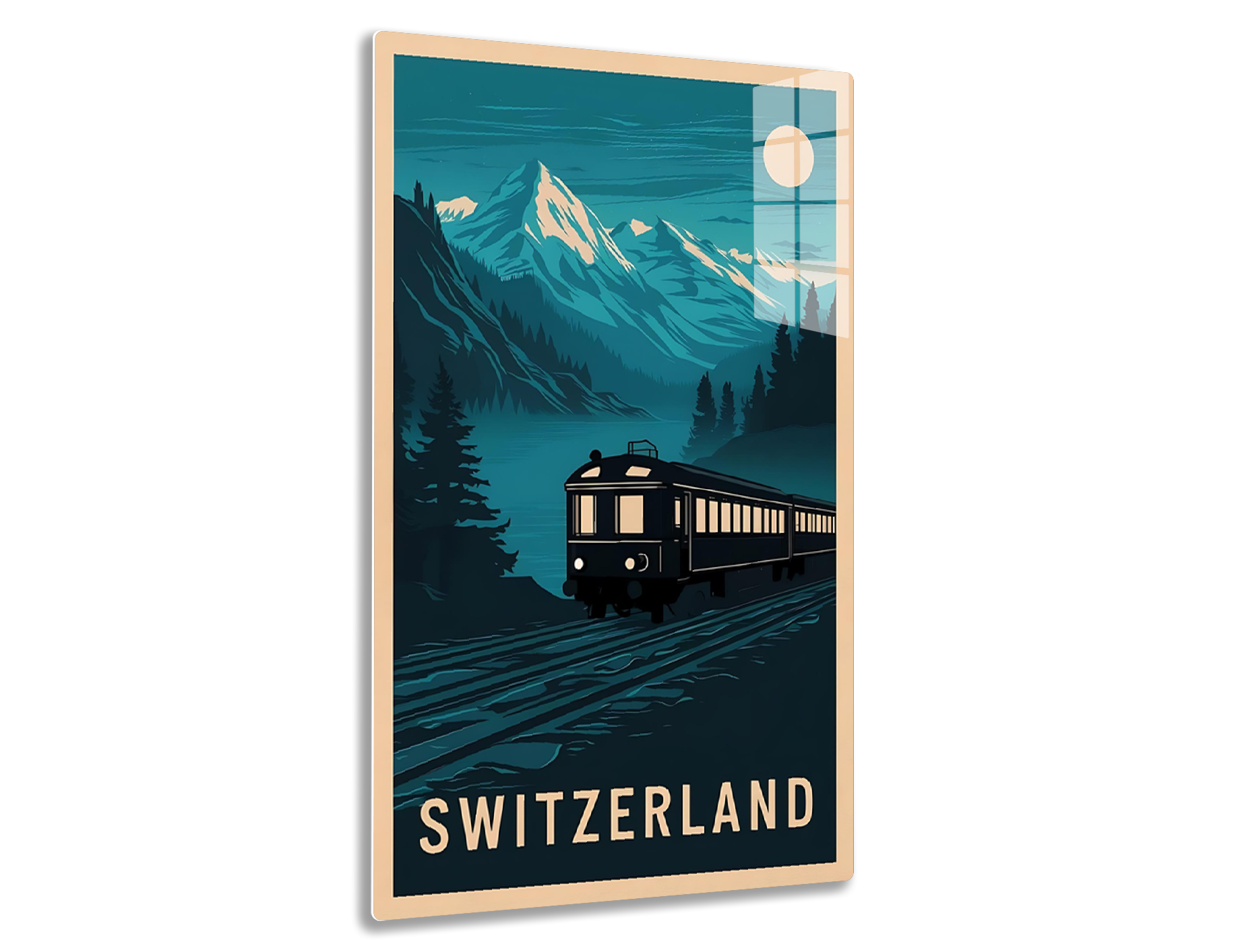Switzerland travel poster depicting a train traveling through snowy mountains and forests at night under a full moon, with the text "SWITZERLAND" at the bottom.
