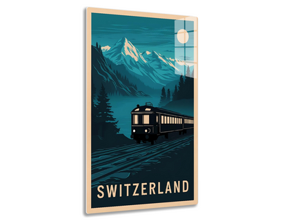 Switzerland travel poster depicting a train traveling through snowy mountains and forests at night under a full moon, with the text "SWITZERLAND" at the bottom.

