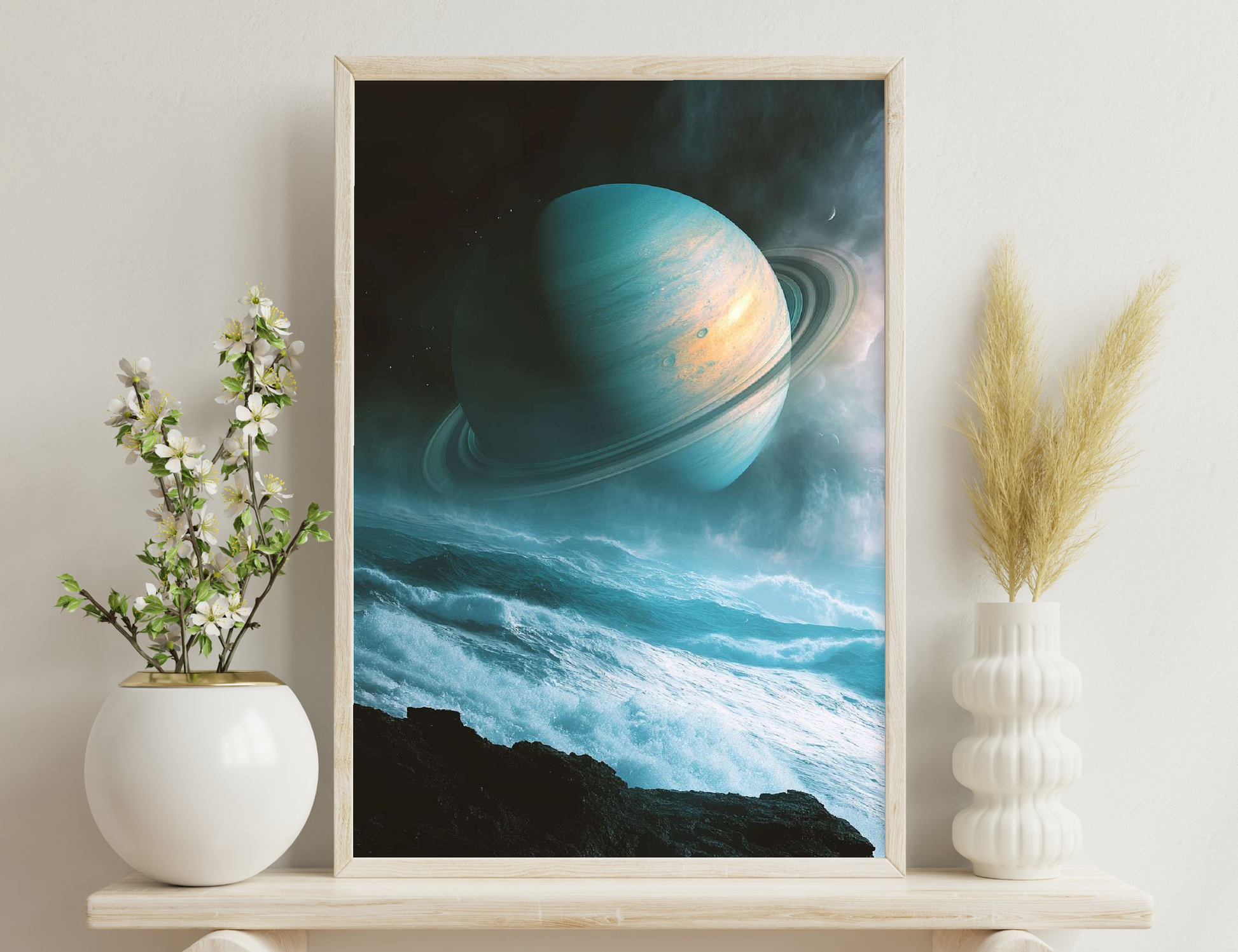 A massive blue-hued planet with prominent rings looms over an ocean world, its crashing turquoise waves contrasting with rocky cliffs under a star-studded night sky.
