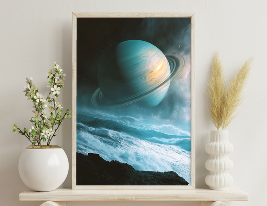 A massive blue-hued planet with prominent rings looms over an ocean world, its crashing turquoise waves contrasting with rocky cliffs under a star-studded night sky.
