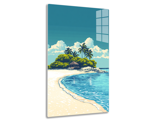 A tropical island paradise with white sandy beaches, turquoise waters, swaying palm trees, and a small thatched hut nestled among lush green foliage against a blue sky with fluffy white clouds.
