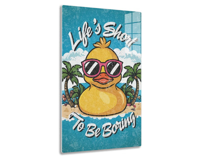 A cartoon pineapple wearing pink sunglasses and smiling against a tropical beach backdrop with palm trees, with the text "Life is Short, To Be Boring" in a fun, retro style.
