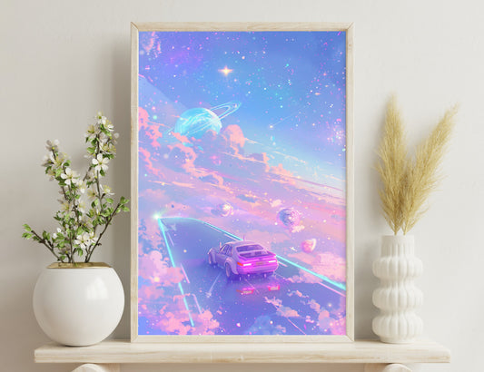 A surreal cosmic landscape with a stylized car driving on a road through colorful nebulae and planets amid twinkling stars, creating an otherworldly and dreamlike atmosphere.

