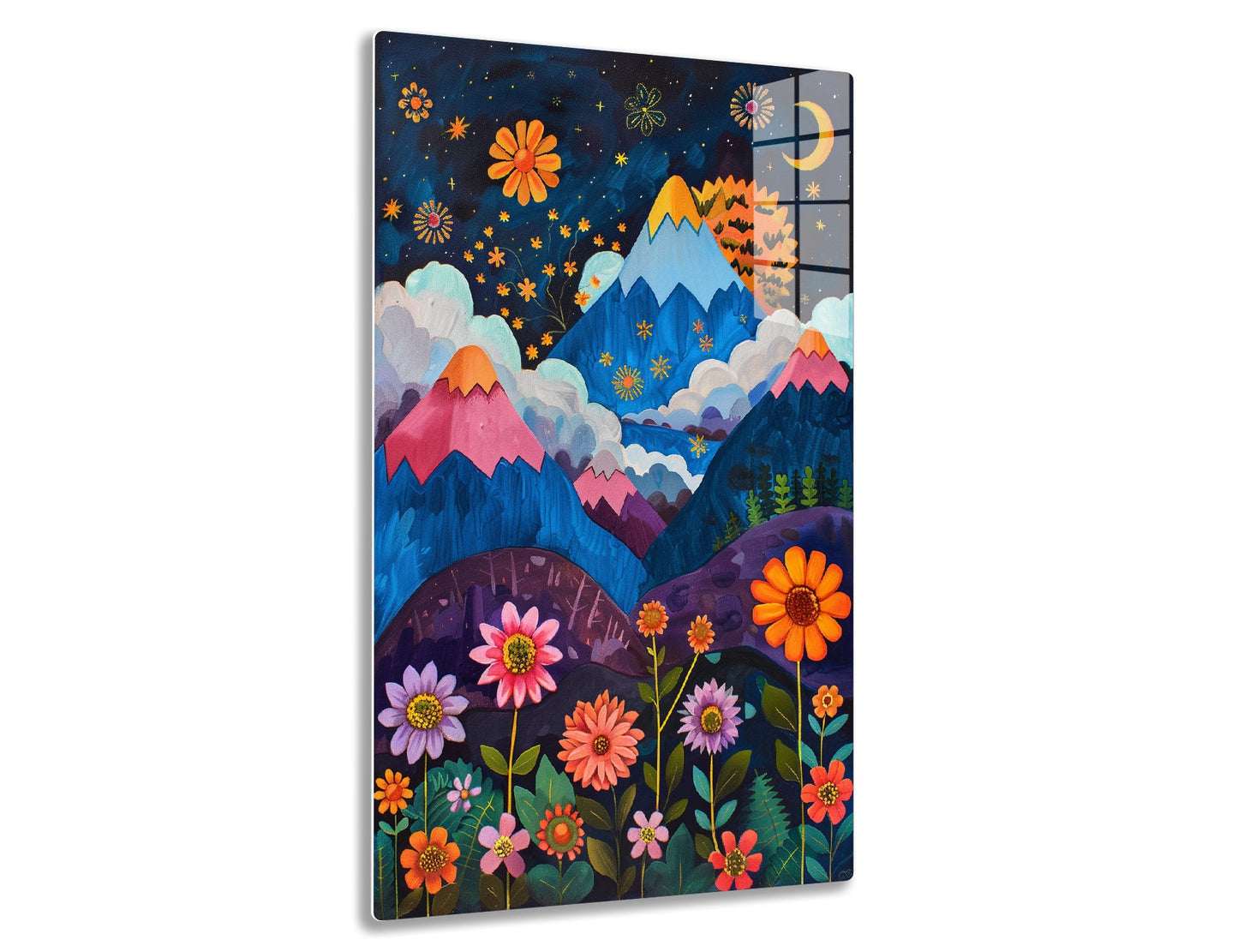 A vibrant landscape with mountains, moon, stars and stylized flowers of various warm colors against a deep blue night sky with clouds.

