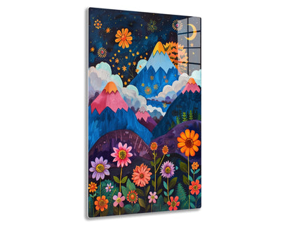 A vibrant landscape with mountains, moon, stars and stylized flowers of various warm colors against a deep blue night sky with clouds.
