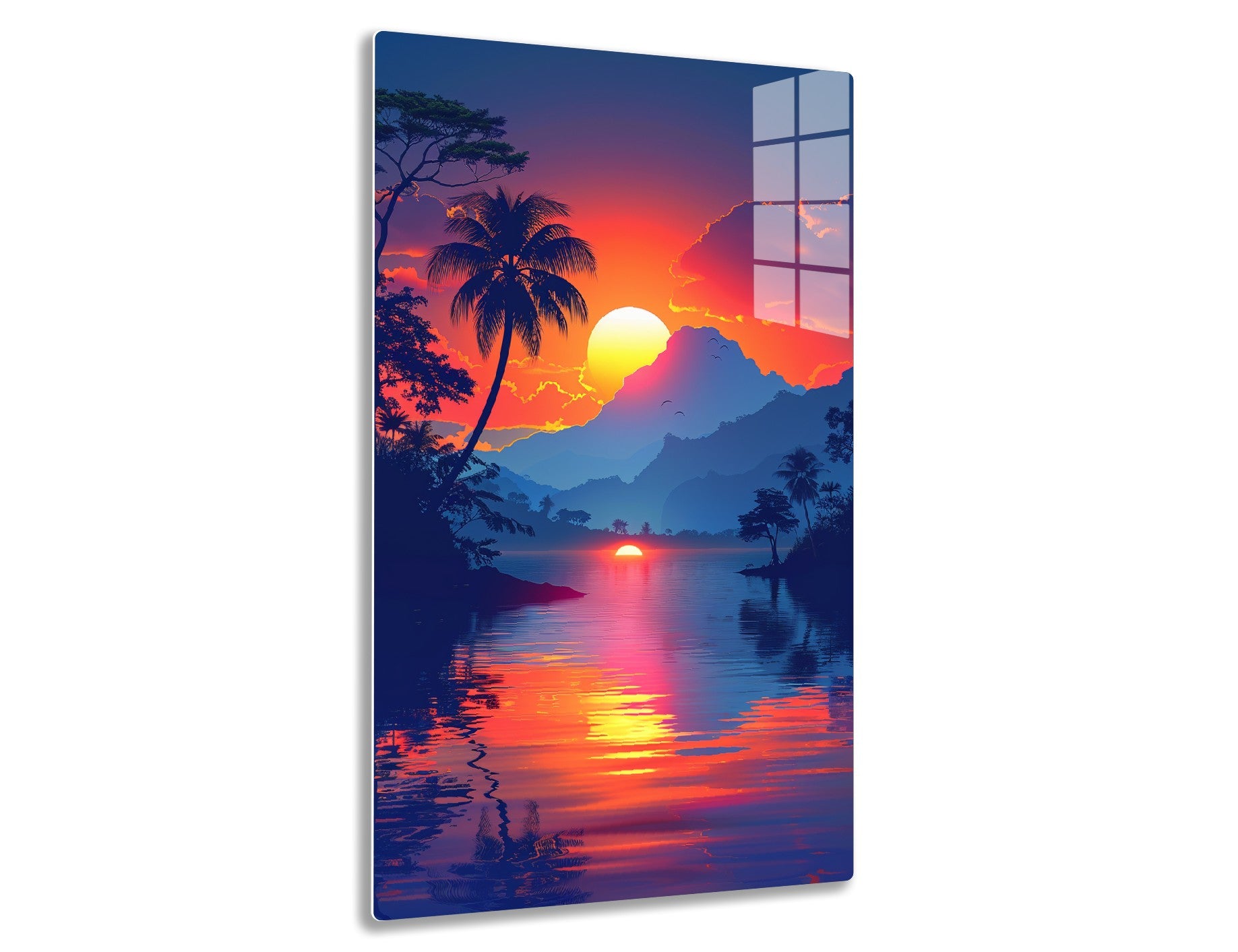 A breathtaking sunset landscape with palm trees silhouetted against a vibrant orange and purple sky, mountains in the distance, and a perfectly mirrored reflection on a calm lake creating a serene, tropical paradise.
