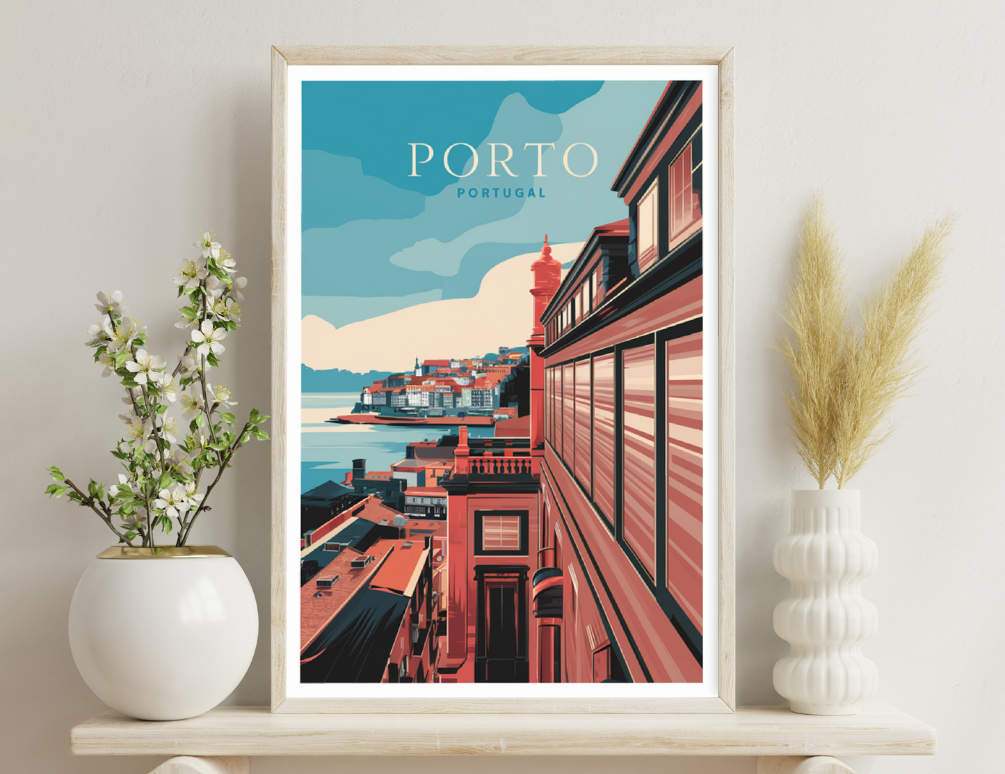 Porto, Portugal vintage travel poster. Illustration of colorful old houses and buildings overlooking the river in the city of Porto with a cloudy sky in the background.
