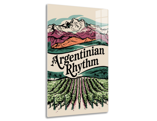 Vintage-style illustration depicting snow-capped mountains, fields with rows of trees or plants (possibly a vineyard), and the text "Argentinian Rhythm" in a stylized font, evoking the natural scenery and culture
