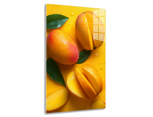 Fresh mango fruits on a yellow background with green leaves and water droplets, showing vibrant oranges and yellows.

