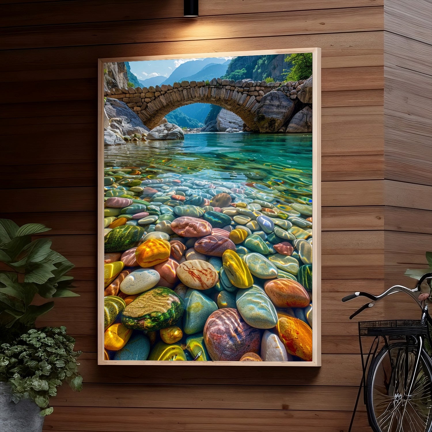 A stone bridge spanning over a crystal clear river with colorful, pebble-filled waters in shades of blue, green, and yellow, surrounded by towering mountains and lush greenery.
