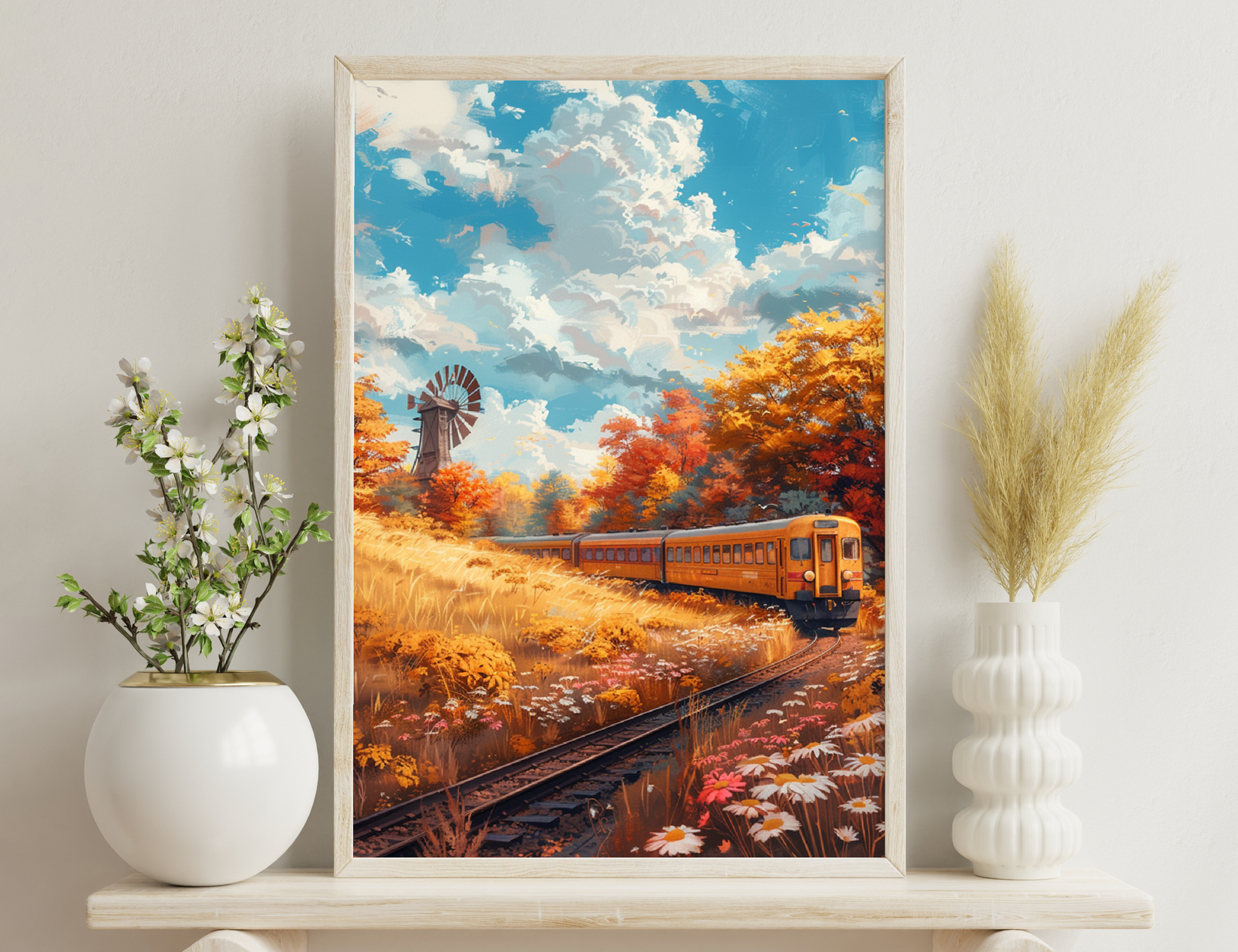 An autumnal landscape with a vintage train passing through vibrant orange foliage, an old windmill, and a cloudy blue sky, evoking a nostalgic and scenic countryside atmosphere.
