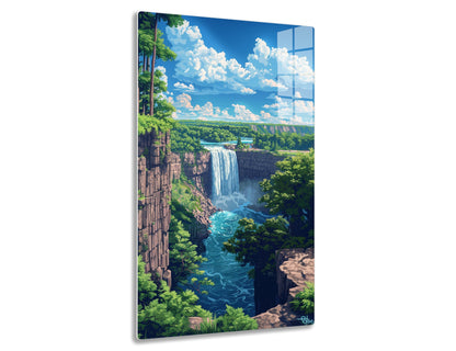 Breathtaking landscape with towering waterfall cascading over rocky cliffs into a winding river, surrounded by lush greenery, trees, and fluffy white clouds in a bright blue sky.
