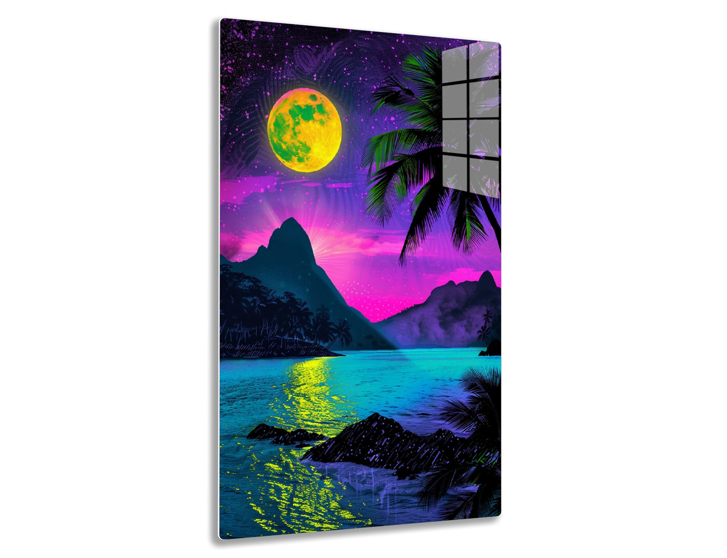 A vibrant moonlit tropical landscape with a large yellow-green moon, purple starry sky, silhouetted palm trees, pink-hued mountains, and a calm turquoise lake reflecting the celestial scenery.
