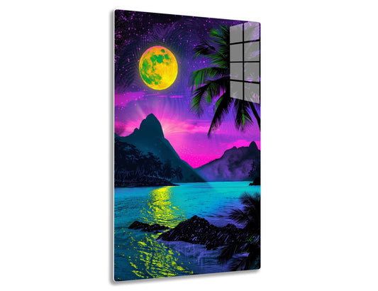 A vibrant moonlit tropical landscape with a large yellow-green moon, purple starry sky, silhouetted palm trees, pink-hued mountains, and a calm turquoise lake reflecting the celestial scenery.
