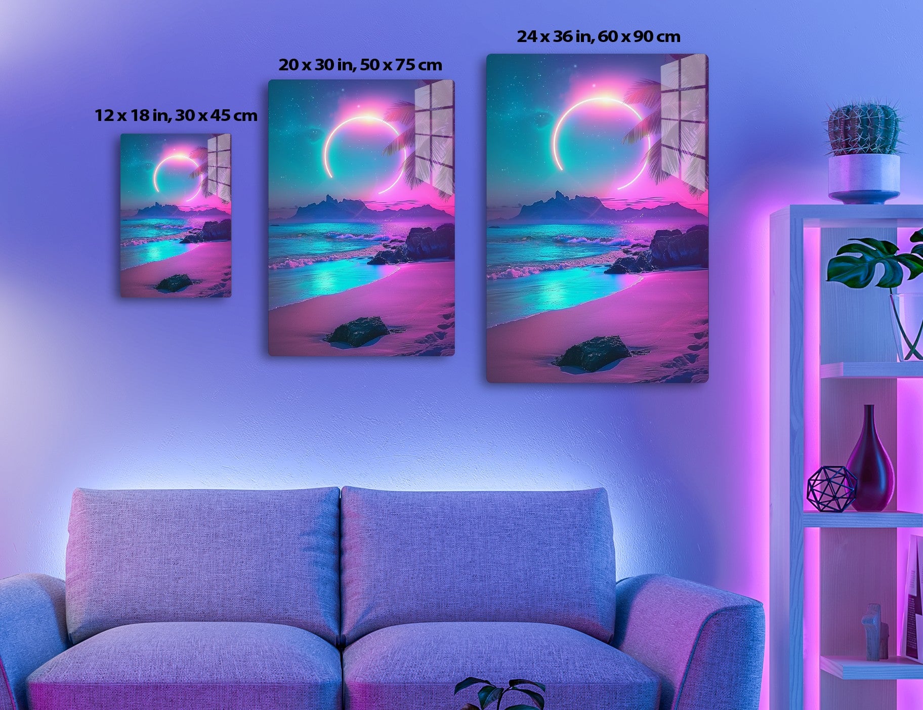 A neon-colored landscape with a crescent moon over a tropical beach at night, with palm trees silhouetted against a vibrant pink and blue skyline reflecting on the calm ocean waves lapping onto the sandy shore.
