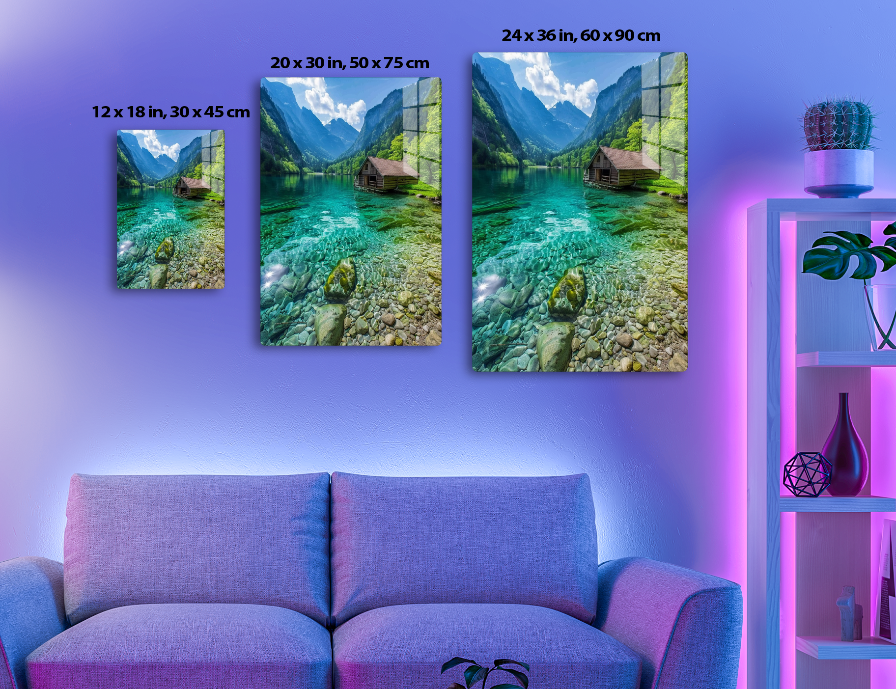 A serene mountain lake with crystal clear turquoise waters, surrounded by lush green forests and towering peaks, featuring a rustic wooden cabin on the shoreline.
