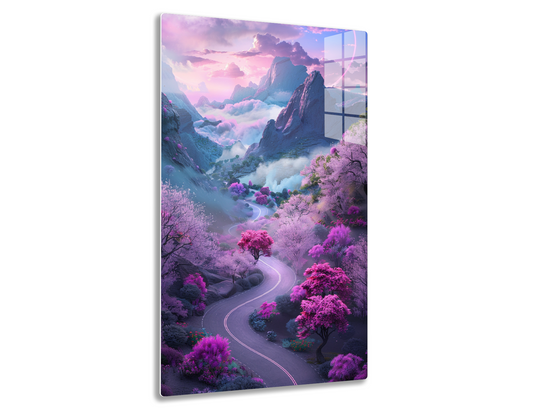 A scenic mountain landscape with winding road lined by vibrant pink and purple flowering trees against a misty background of towering peaks and dramatic clouds at sunset or sunrise.
