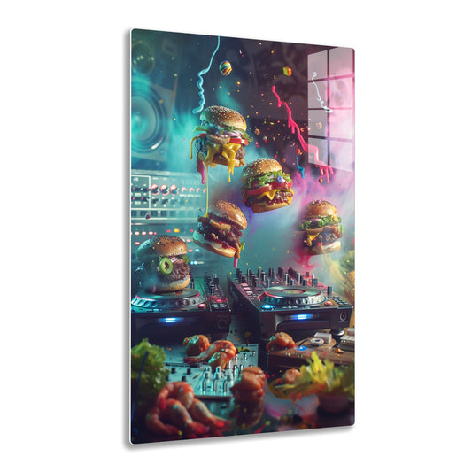 A surreal scene with hamburgers floating amidst colorful smoke and liquid splashes over DJ turntables and a futuristic cityscape, creating a vibrant and imaginative composition that blends food and music elements.
