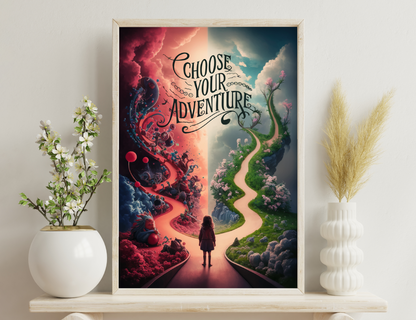 A surreal image depicting two contrasting paths, one dark and ominous with red clouds and a river of lava, the other lush and vibrant with green meadows and blooming flowers. A silhouetted person stands at
