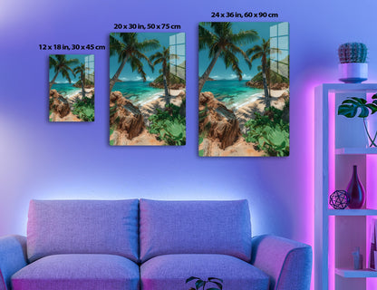 Stunning tropical beach with turquoise waters, palm trees casting shadows on sandy shore, rocky outcrops covered in lush greenery under clear blue sky.
