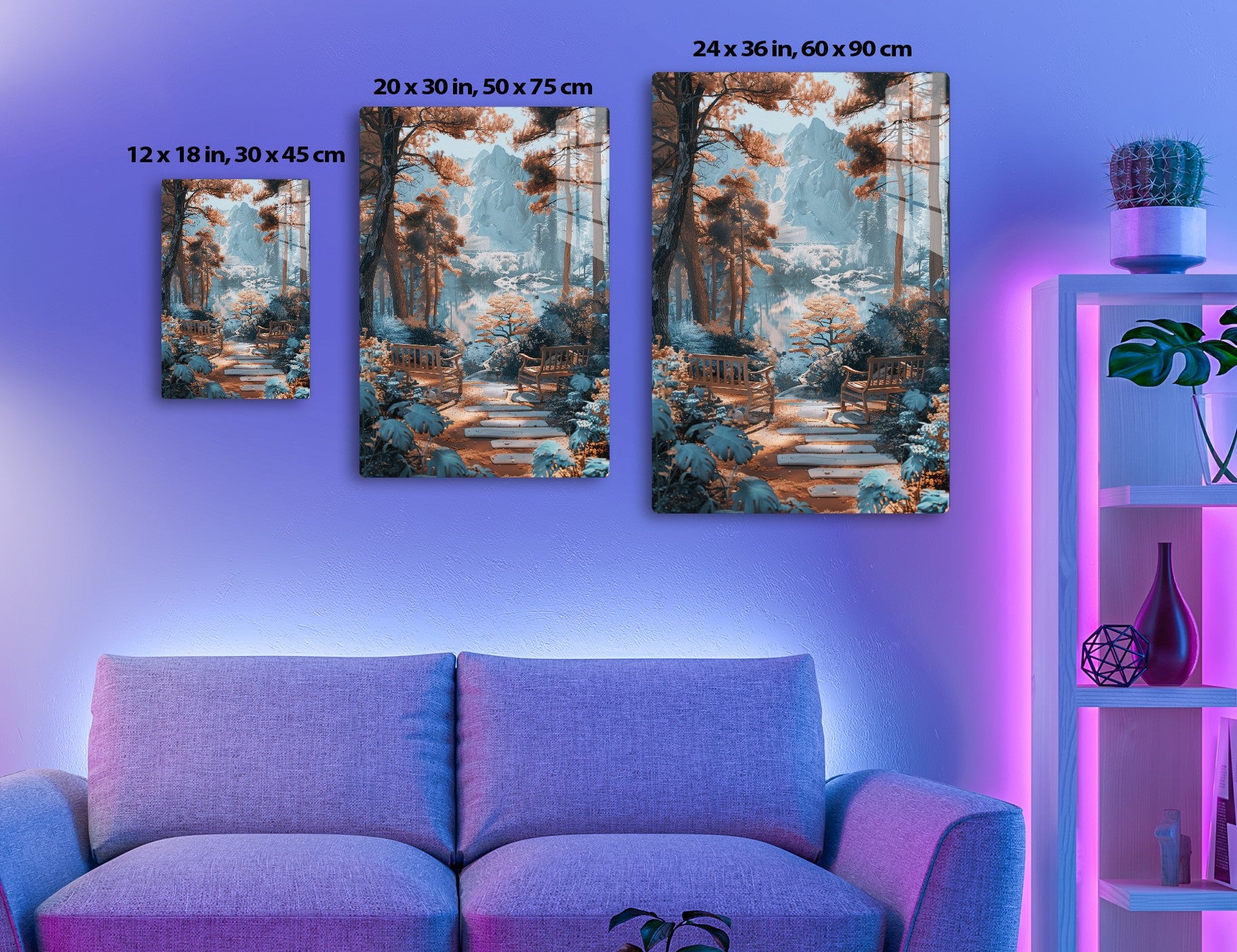 Breathtaking autumn scenery of a snow-capped mountain reflecting in a serene lake, framed by vibrant orange foliage and a winding path leading to benches offering a picturesque vantage point.
