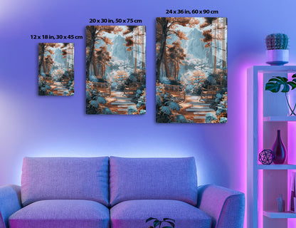 Breathtaking autumn scenery of a snow-capped mountain reflecting in a serene lake, framed by vibrant orange foliage and a winding path leading to benches offering a picturesque vantage point.
