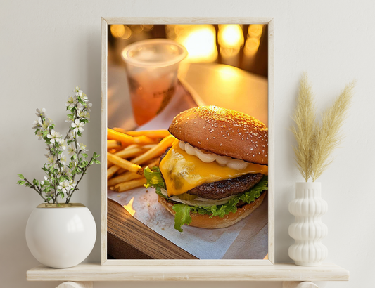 A cheeseburger with lettuce, a glass of beer, and french fries on a wooden surface, with blurred golden lights in the background.
