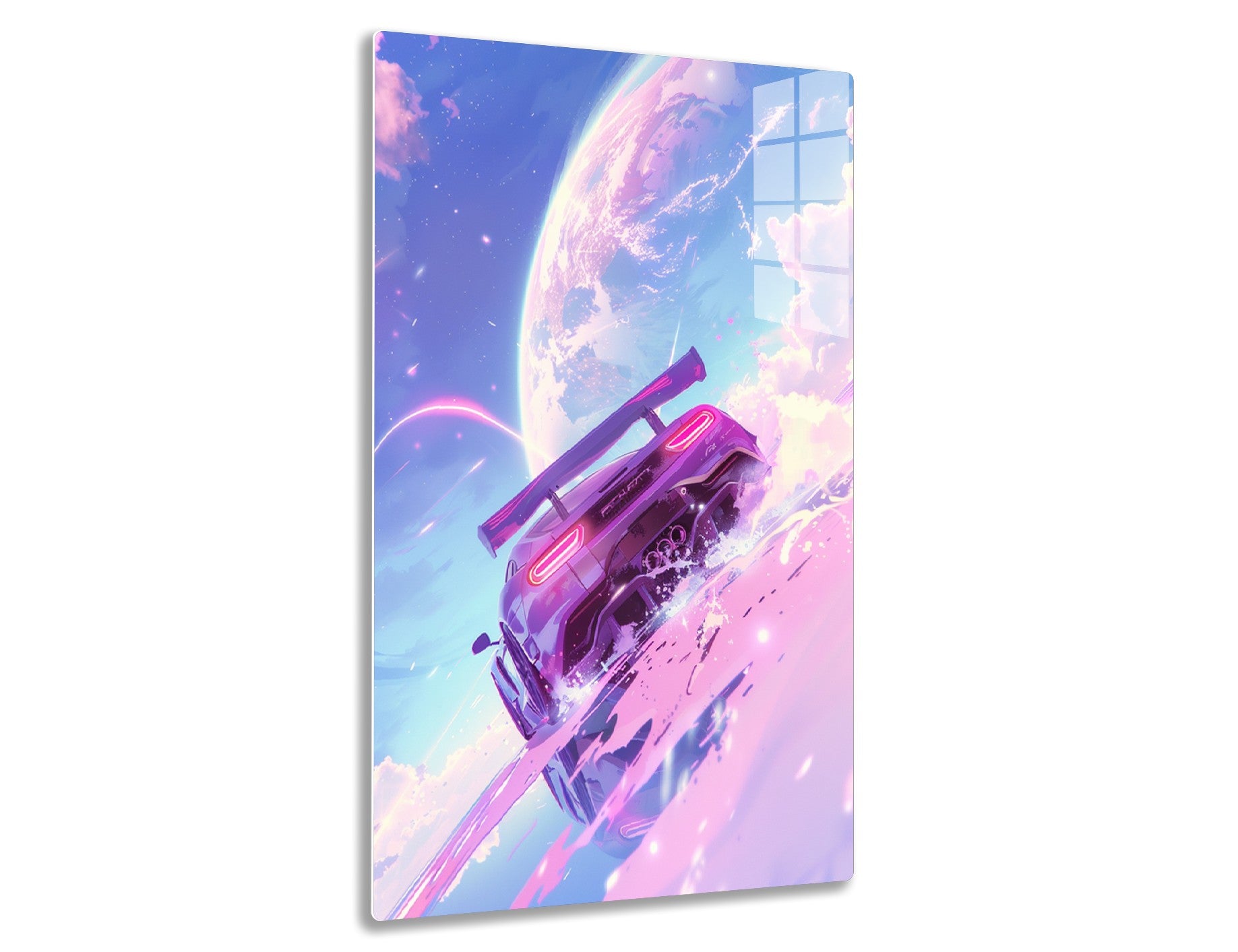 A futuristic purple sports car blasting through cosmic clouds, with a vibrant nebula and planet landscape in the background, creating a dreamlike, high-speed intergalactic scene.
