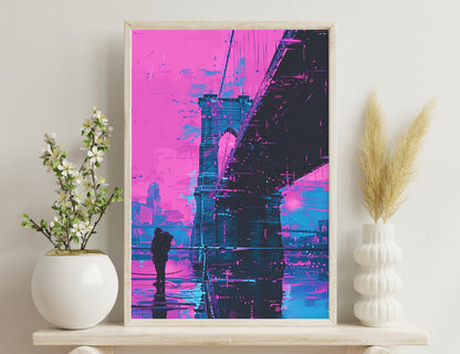 A futuristic, cyberpunk-style cityscape with towering skyscrapers and bridges rendered in vivid shades of pink, blue, and purple, featuring a lone shadowy figure observing the neon-lit urban landscape
