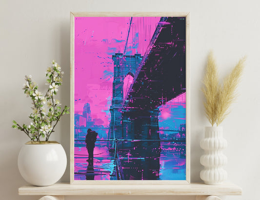 A futuristic, cyberpunk-style cityscape with towering skyscrapers and bridges rendered in vivid shades of pink, blue, and purple, featuring a lone shadowy figure observing the neon-lit urban landscape
