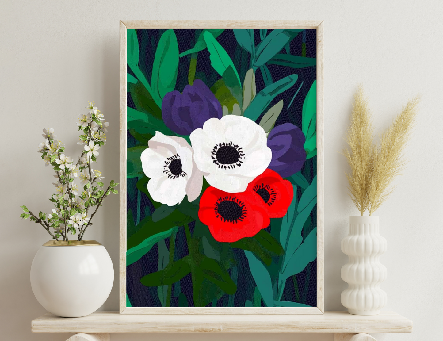 Stylized illustration of vibrant red, white and purple anemone flowers amid green foliage and black background, conveying a bold, contemporary floral design.
