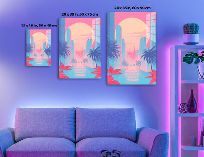 Sunset skyline of a tropical city with modern skyscrapers, palm trees, and vibrant pink and blue colors illustrating a serene and warm atmosphere.
