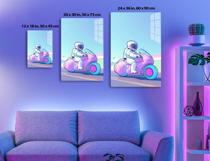 An astronaut in a futuristic pastel-colored motorcycle rides along a road with mountains in the background reflected in the helmet visor, depicting a surreal and imaginative scene.
