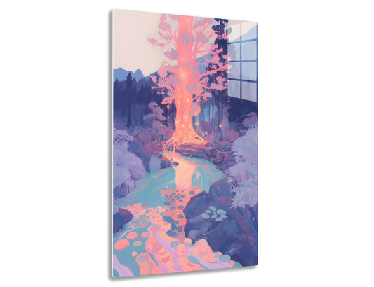 A vibrant, stylized landscape with a glowing, spiraling tree in the center, reflecting in a crystalline stream surrounded by fantastical plants and mushrooms against a mountainous backdrop with a warm sunset sky.
