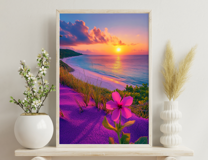 Stunning tropical beach sunset with vibrant pink and orange sky reflected in calm waters, pink flower in foreground and beach vegetation.
