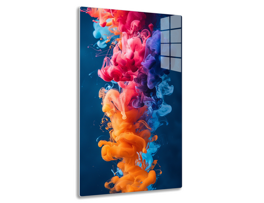 Vibrant swirls of colored smoke or ink tendrils in shades of red, orange, pink, purple, and blue form an abstract, dynamic pattern against a dark background.
