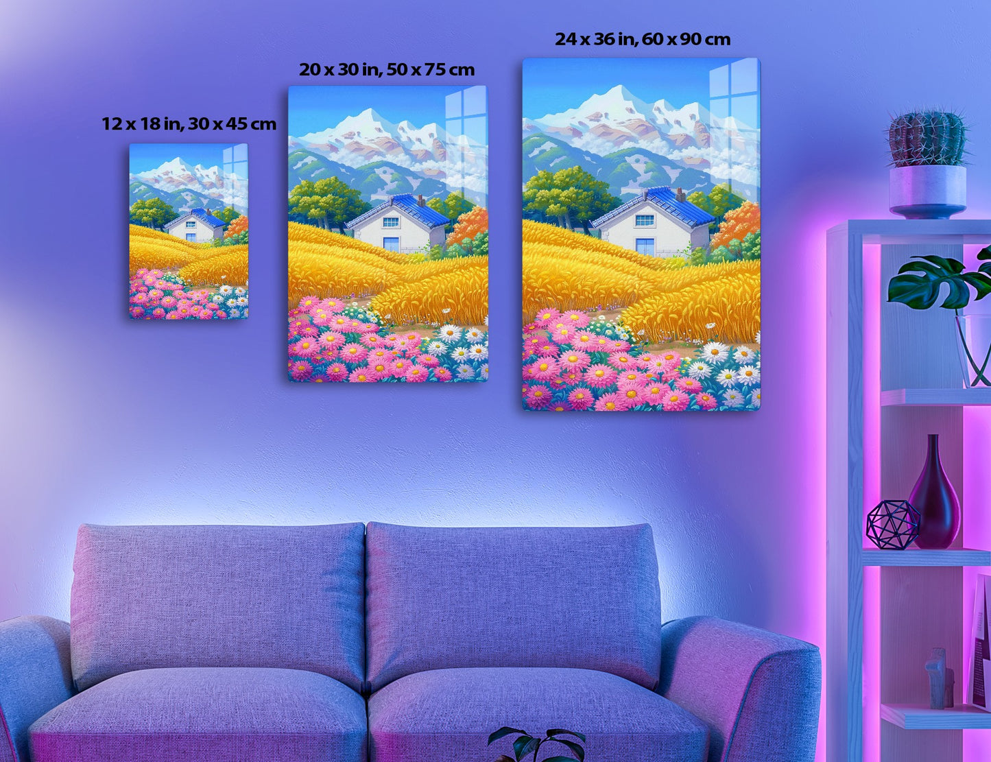 A picturesque mountain landscape with snow-capped peaks and a cozy house surrounded by vibrant fields of wheat, trees, and colorful wildflowers in full bloom.
