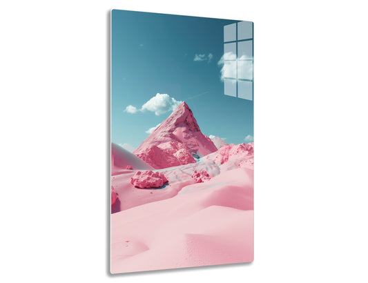 A surreal, mountainous pink landscape with a prominent pyramidal peak against a blue sky with white clouds. The snow-capped terrain appears tinted in vivid shades of pink, creating a dreamlike and otherworldly scene.
