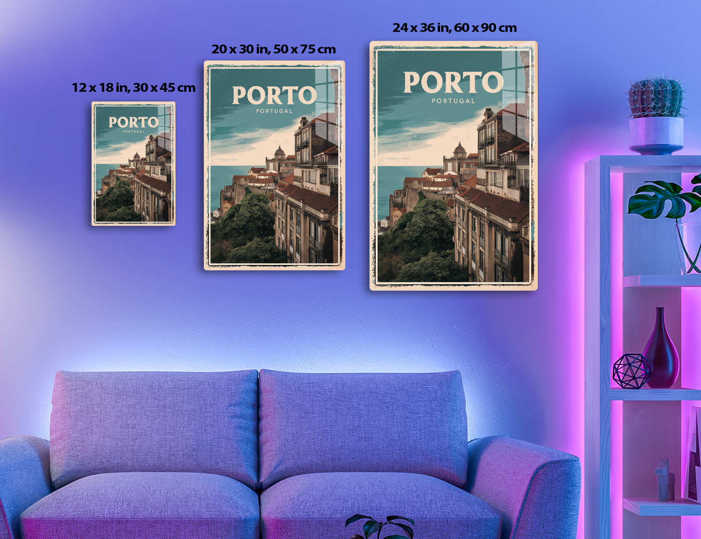 Vintage travel poster depicting a scenic view of Porto, Portugal, showcasing colorful historic buildings with tiled roofs overlooking the water and a church dome in the background against a blue sky.
